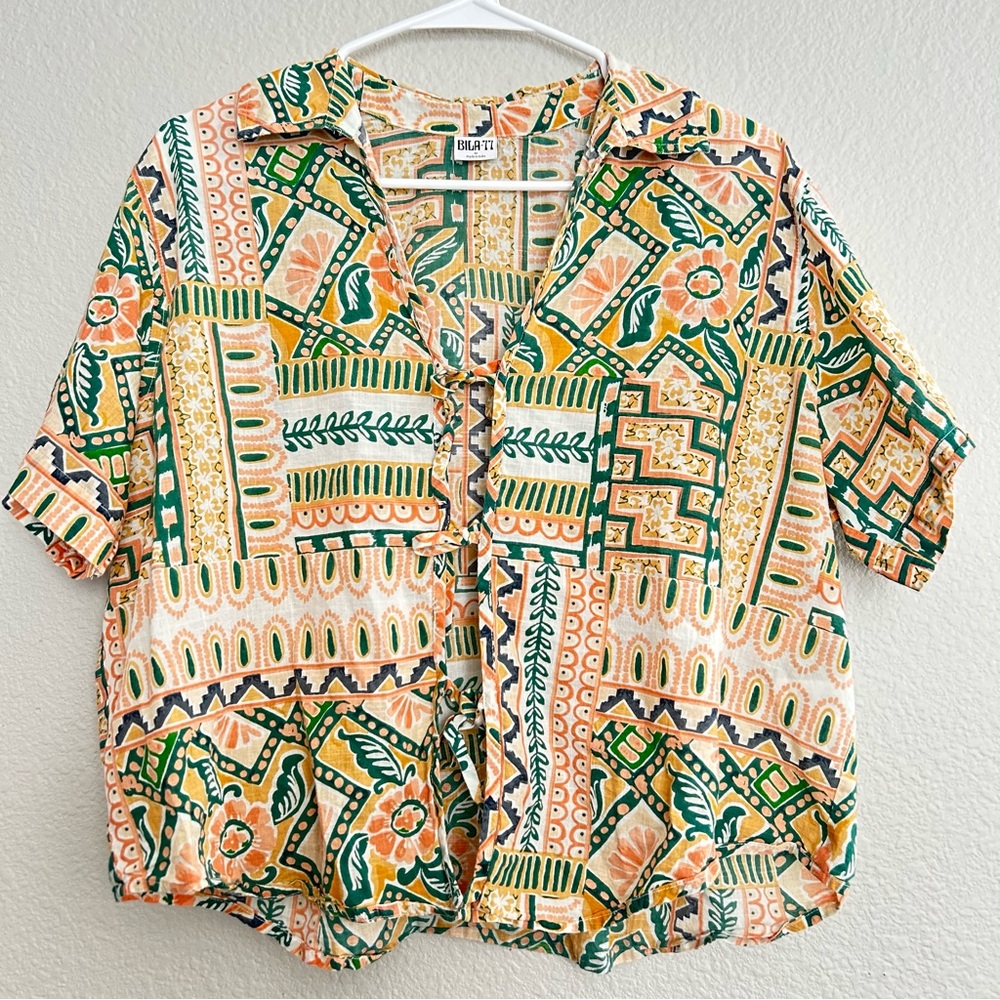 Billa77 Women's Floral and Geometric Print Women's Front Tie Top